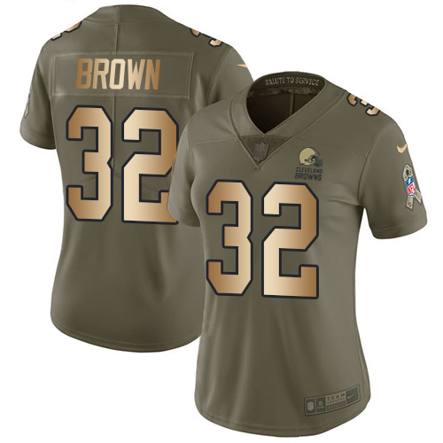 Nike Browns #32 Jim Brown Olive/Gold Women's Stitched NFL Limited Salute to Service Jersey - Click Image to Close